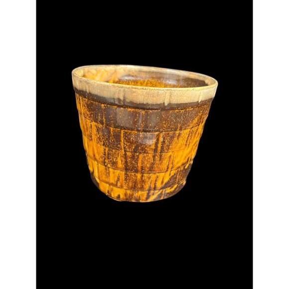 Vintage 1970s Ceramic Gold Drip Glaze Basket Style Planter Pot 6" Marked - Picture 11 of 12